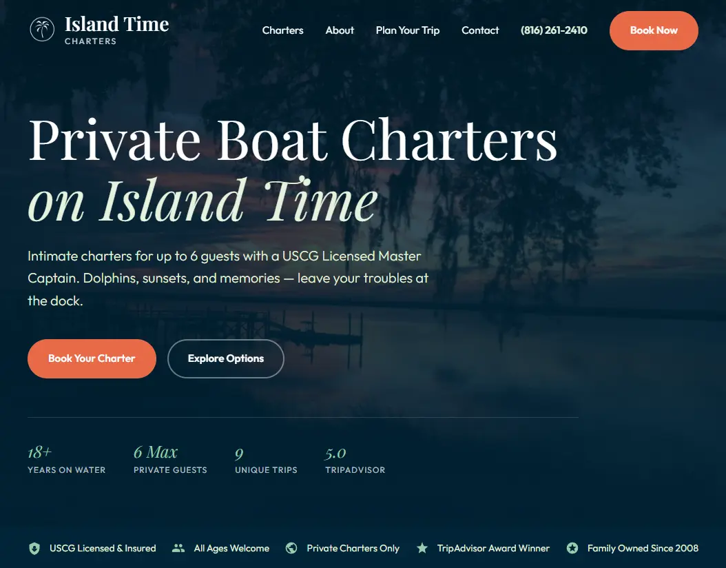 Island Time Charters — custom website designed for Boat Charters business in Bluffton SC